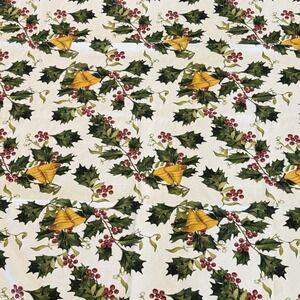 Cynthia Rowley Christmas Holiday Tablecloth 100% Cotton Holly Gold Bells‎ 75x61